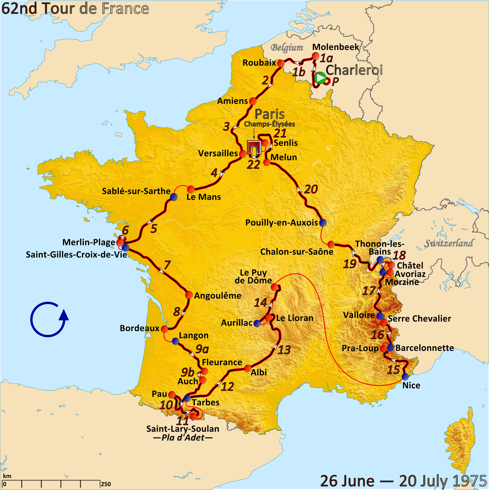 Carte de France montrant le parcours du Tour de France 1975, de Charleroi à Paris