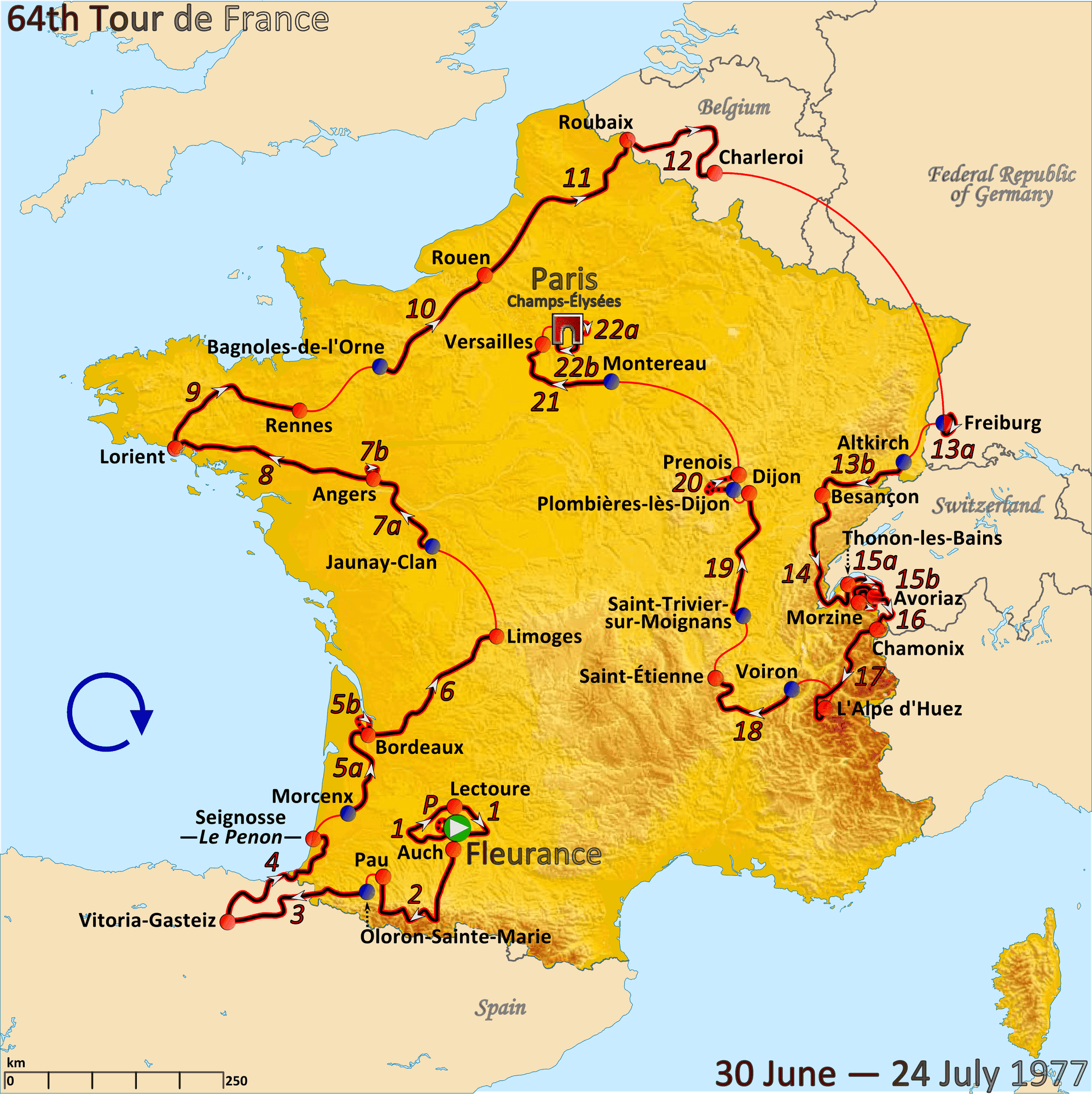 Carte de France du parcours du Tour de France 1977, de Fleurance à Paris